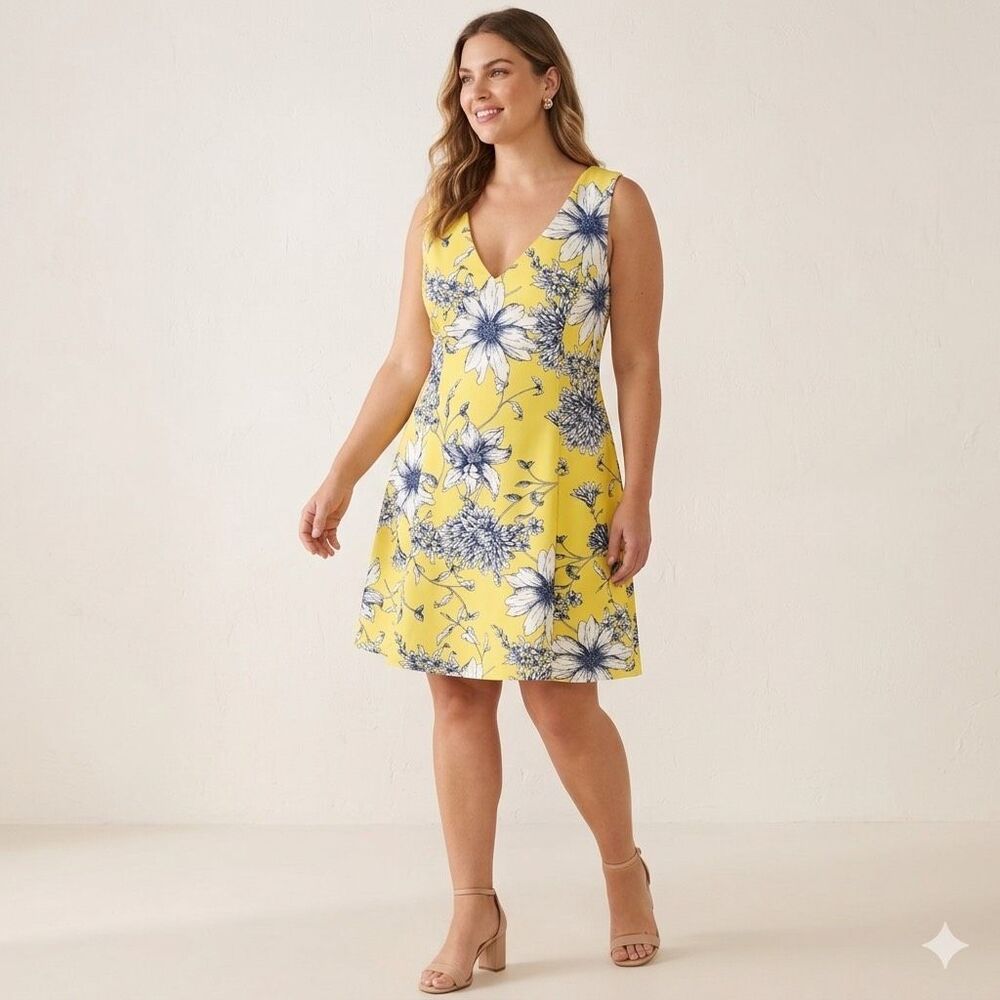 Vince Camuto Women's Size 14 Yellow Floral V-Neck Fit & Flare Dress VC9M9257